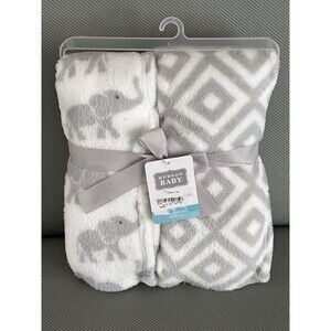 Hudson Baby Infant Silky Plush Blanket Gray Elephants Geometric Set Of 2 New